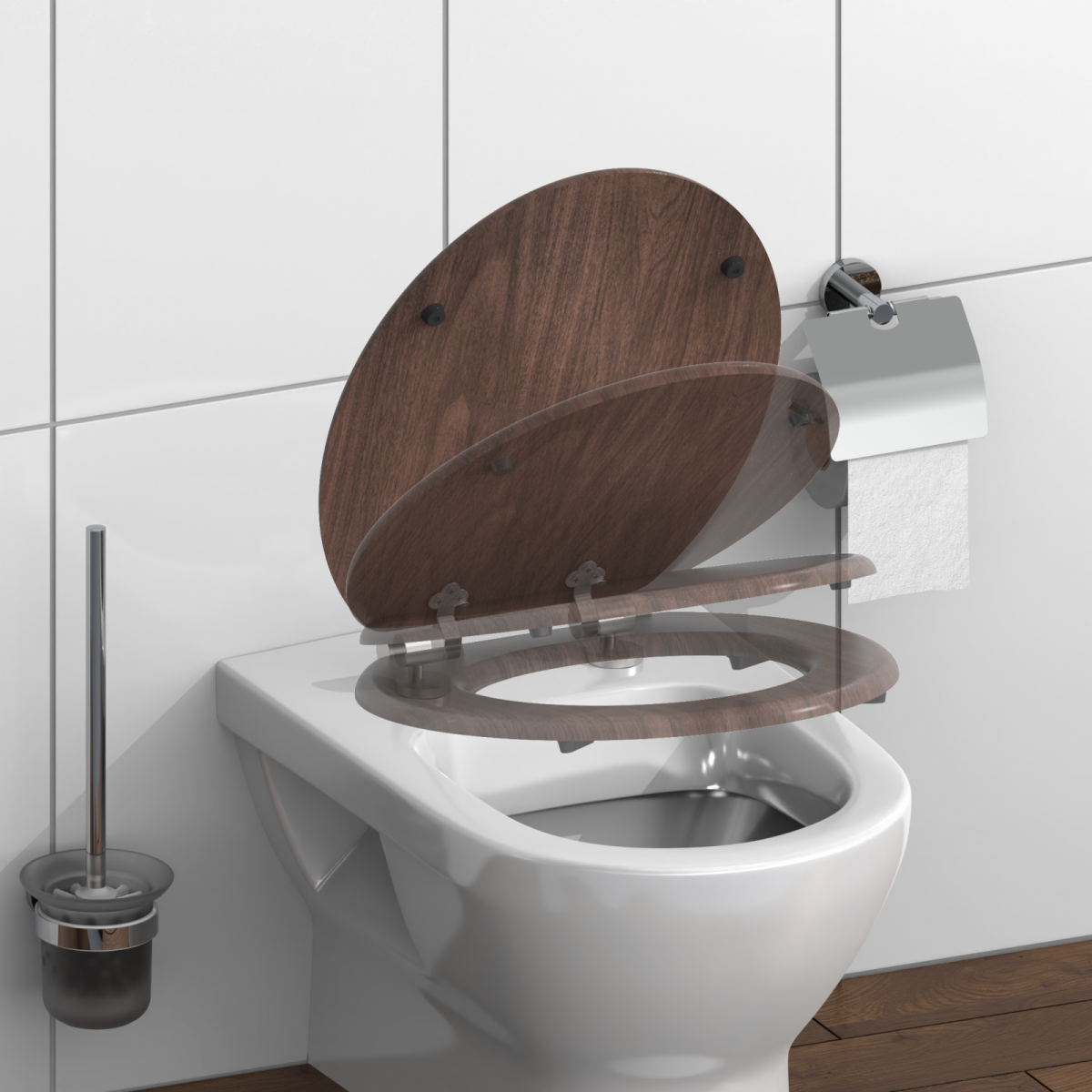 Weiße Wandtoilette mit geöffnetem WC-Sitz und -Deckel in dunkler Holzoptik.