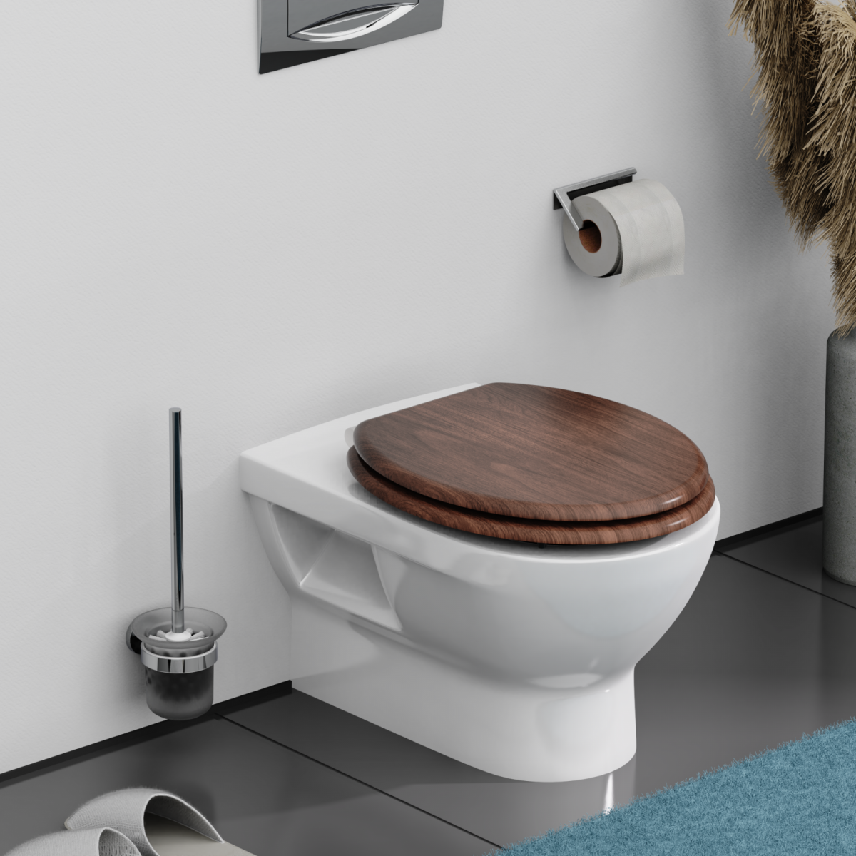 Weiße Wandtoilette mit geschlossenem WC-Sitz in dunkler Holzoptik an gefliester Wand.