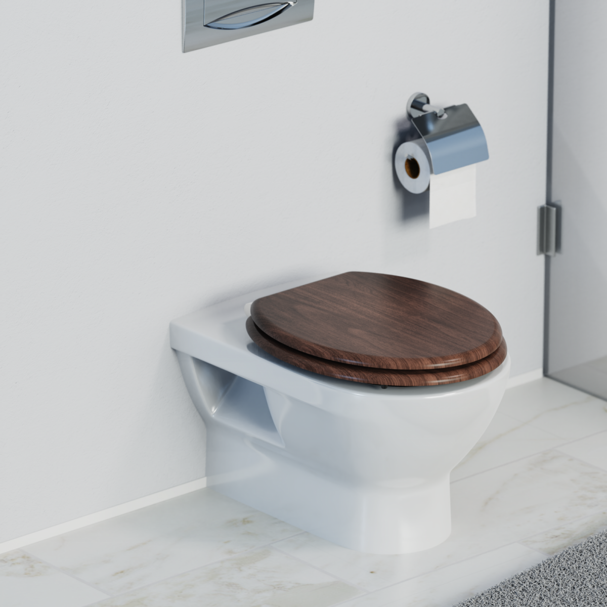 Wandhängende weiße Toilette mit geschlossenem Sitz aus dunklem Holz.