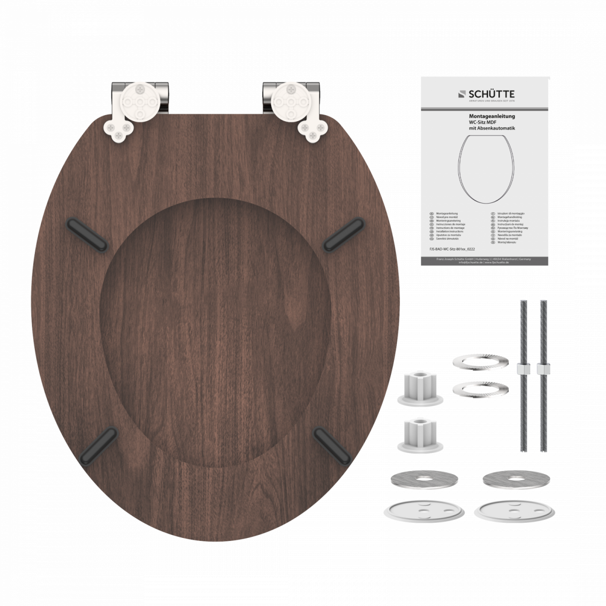 Dunkelbrauner WC-Sitz in Holzoptik mit Montageset und Anleitung, Einzelteile aufgelegt.