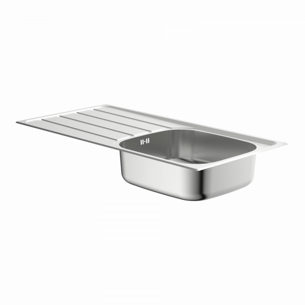 Edelstahlspüle mit einem Becken und seitlicher Abtropffläche.