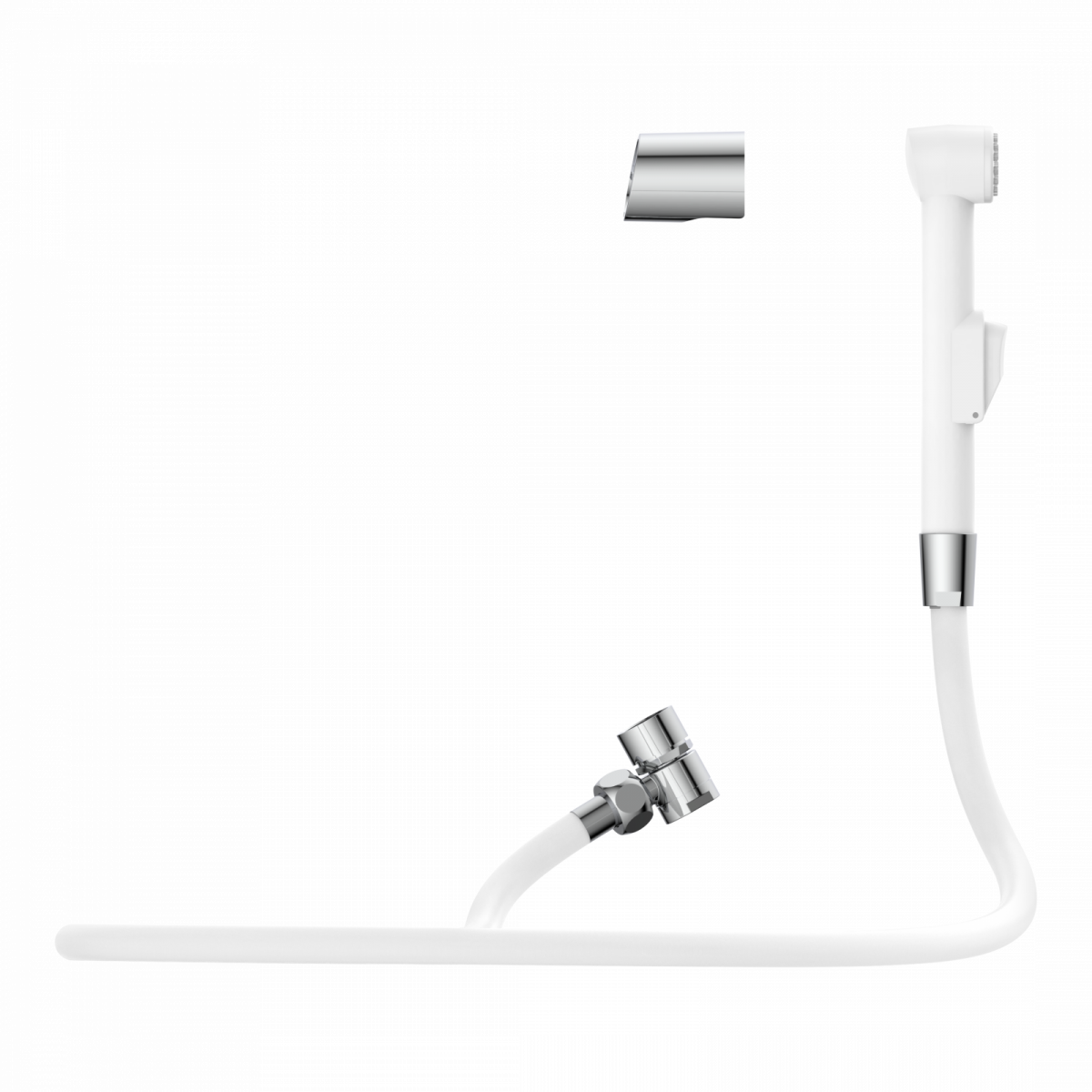 WeiÃes Handbrauseset mit flexiblen Schlauch, AnschlussstÃỳck und Wandhalterung.