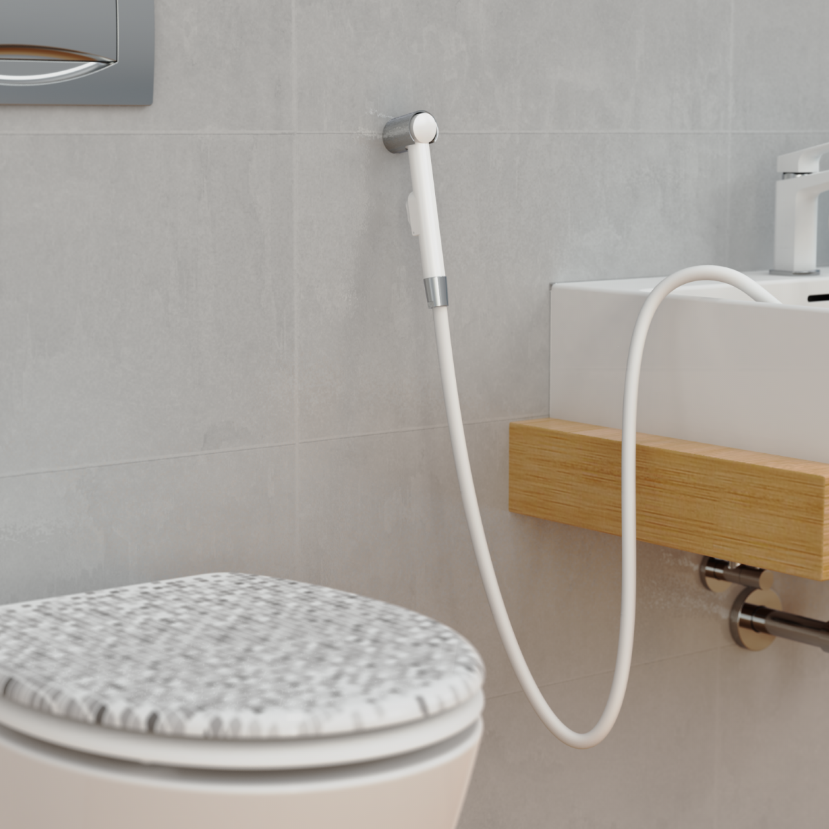Handbrause mit weiÃem Schlauch an Wand neben Waschbecken und Toilette befestigt