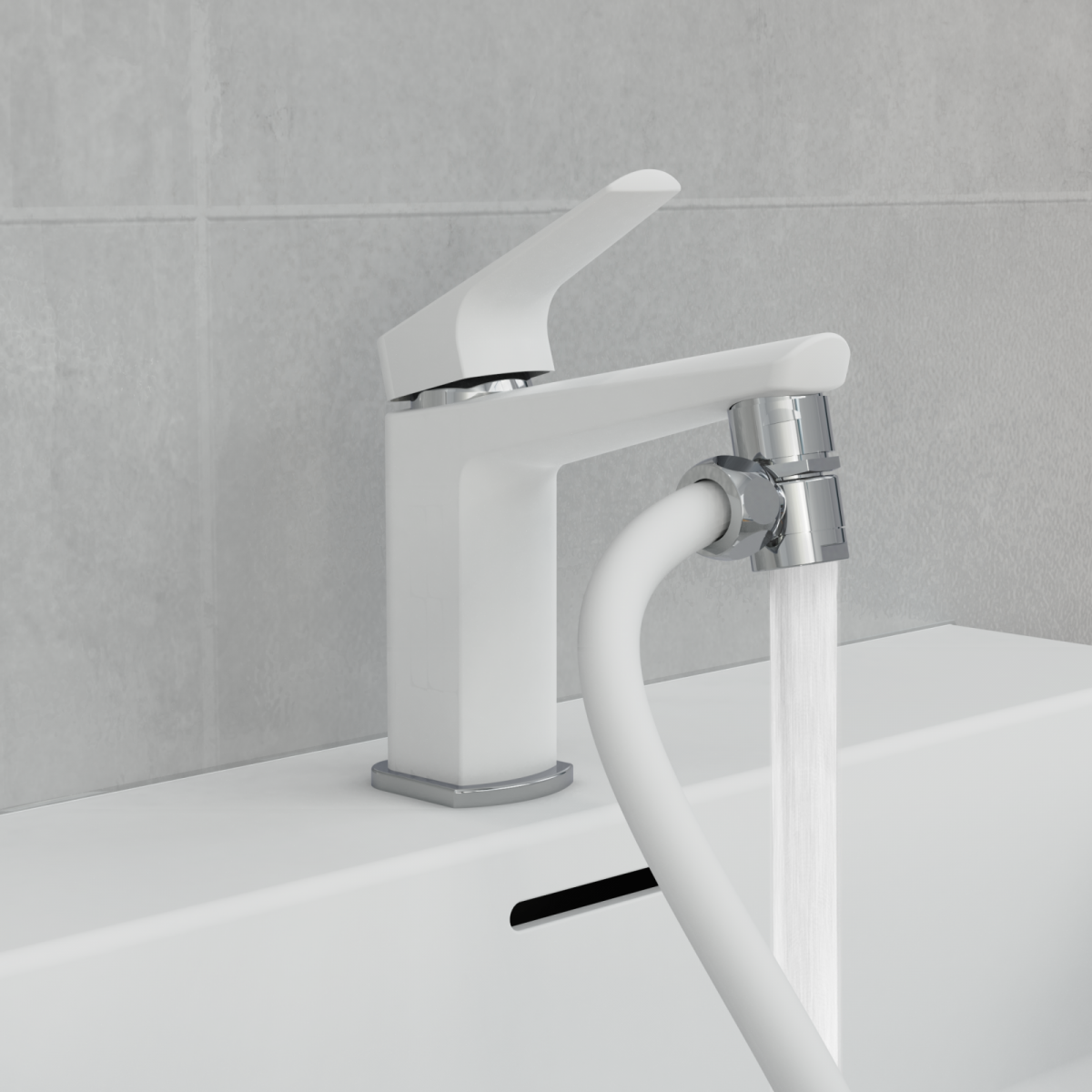 WeiÃe Einhebel-Mischbatterie mit flexiblem Auslauf und flieÃendem Wasserstrahl.