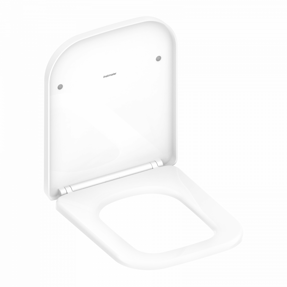 WeiÃer WC-Sitz mit eckiger Form und hochgeklapptem Deckel.