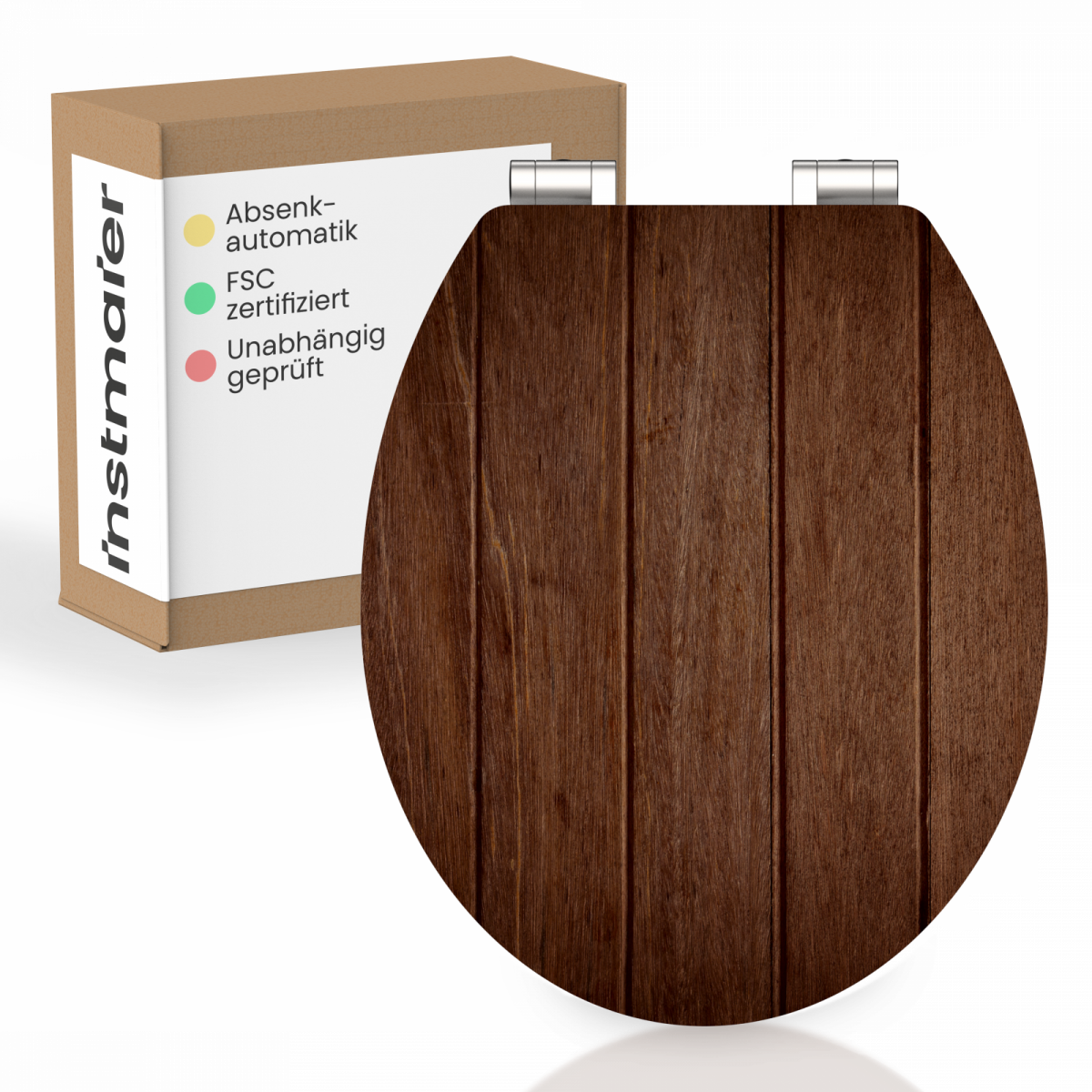 Brauner Toilettensitz aus Holz mit sichtbarer Maserung vor einer Verpackung mit FSC-Logo.