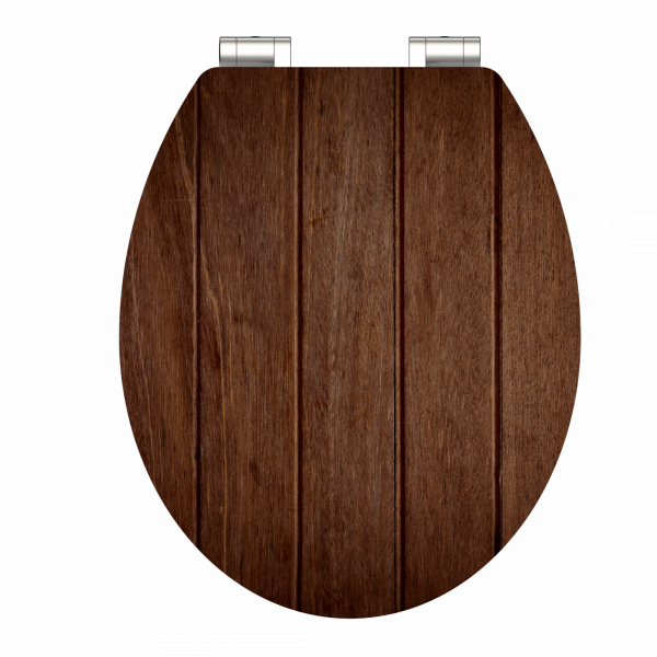 Brauner WC-Sitz mit Holzoptik und sichtbaren Maserungen von oben.