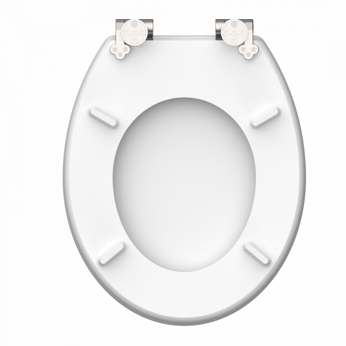 WeiÃer ovaler WC-Sitz aus Kunststoff mit stabilen Metallscharnieren.