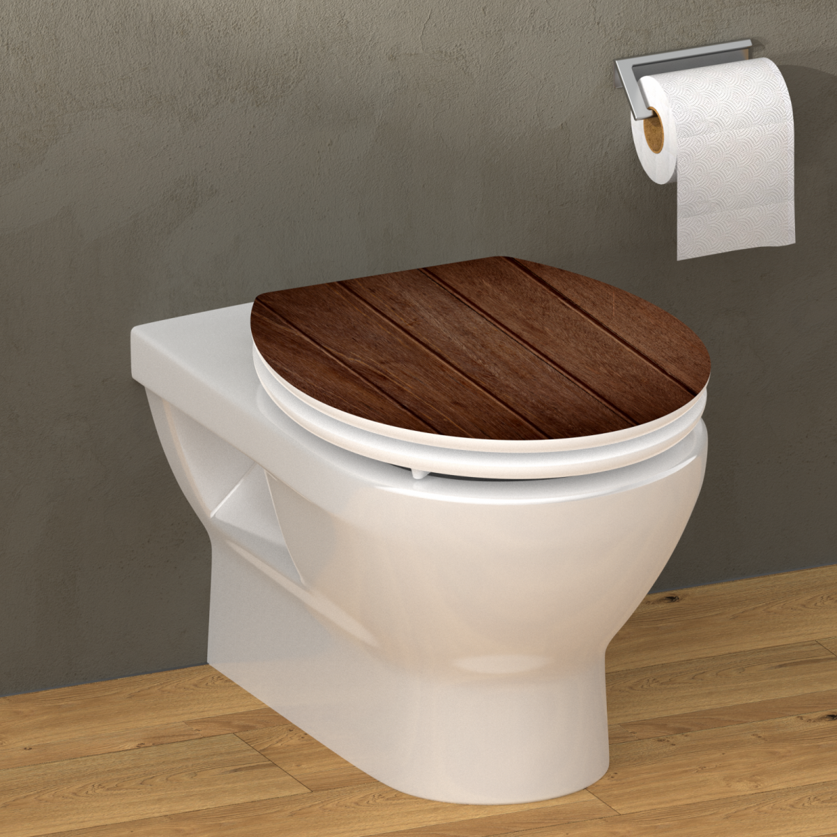 WeiÃe Wandtoilette mit geschlossenem WC-Sitz in dunkler Holzoptik und Toilettenpapierhalter.