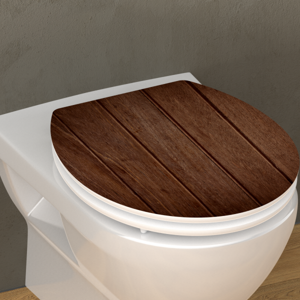 WeiÃe Toilette mit geschlossenem WC-Sitz in Holzoptik mit dunkler Maserung.