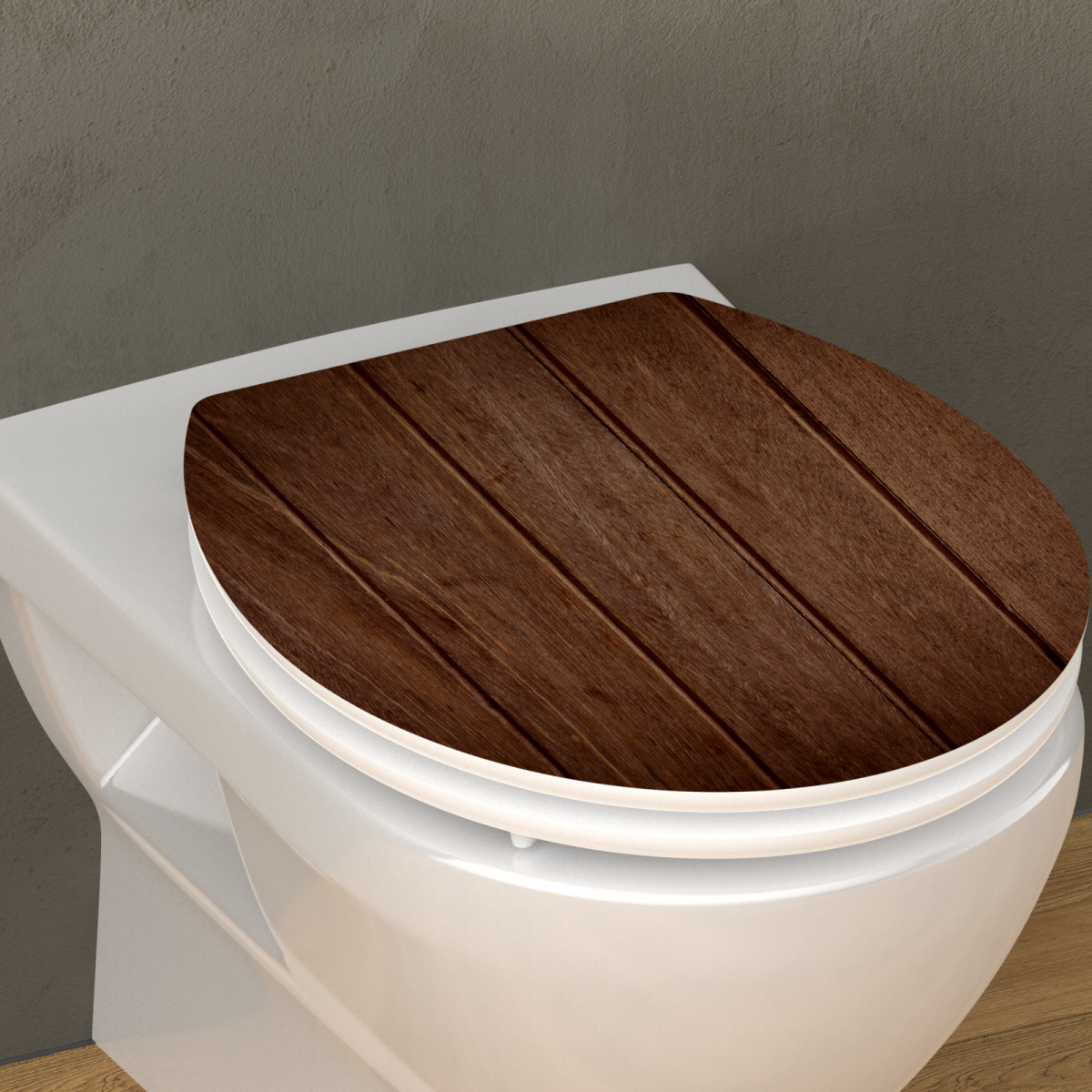 WeiÃe Toilette mit geschlossenem WC-Sitz in Holzoptik mit dunkler Maserung.