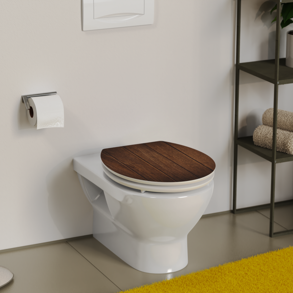 WandhÃĊngende weiÃe Toilette mit geschlossenem WC-Sitz in dunkler Holzoptik.