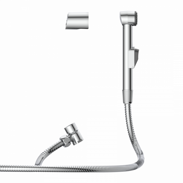 Chromfarbene Handbrause mit flexiblem Metallschlauch und Wandhalterung.