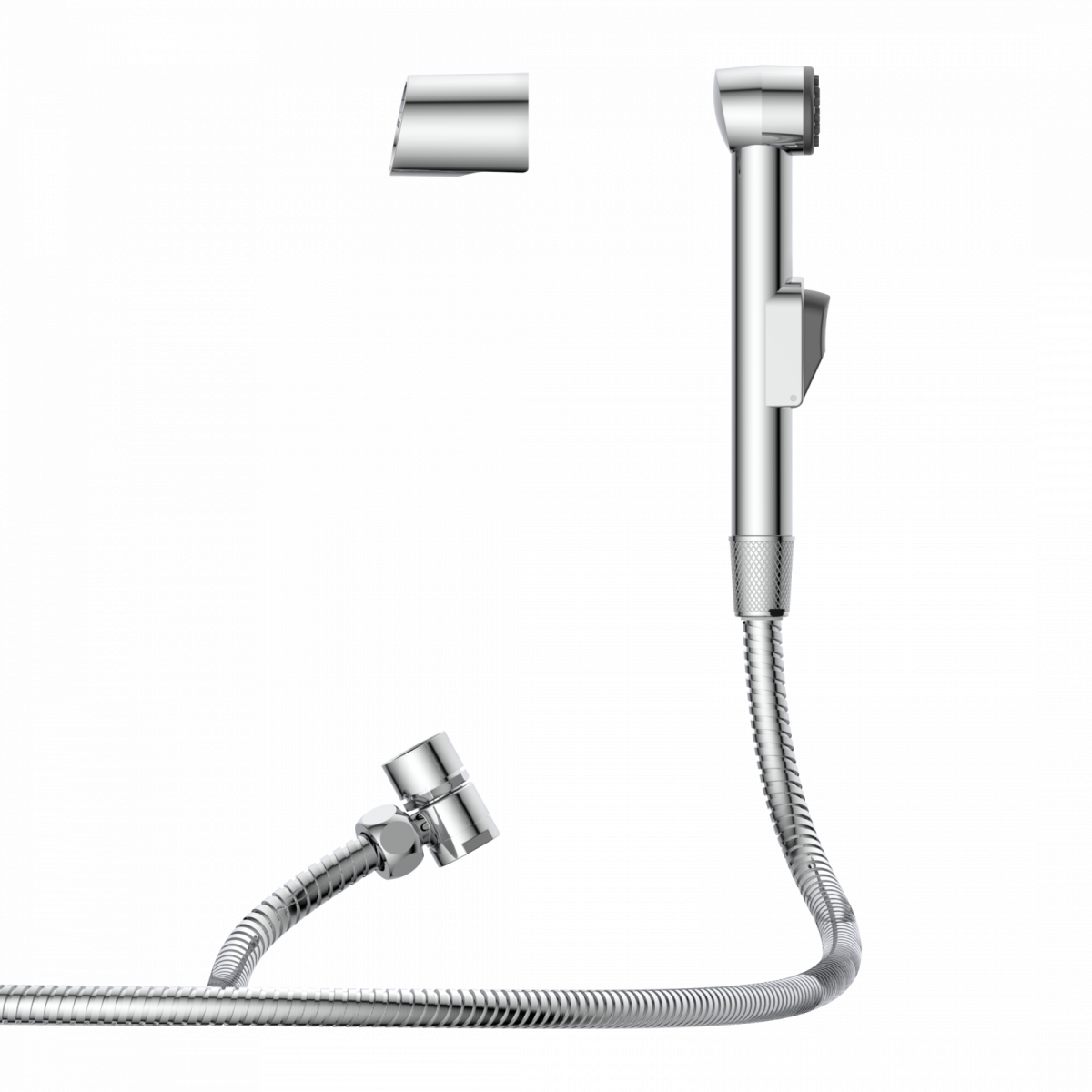 Chromfarbene Handbrause mit flexiblem Metallschlauch und Wandhalterung.