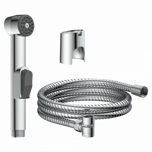 Chromfarbene Handbrause mit Hebelgriff, Anschluss-Schlauch und Wandhalterung.