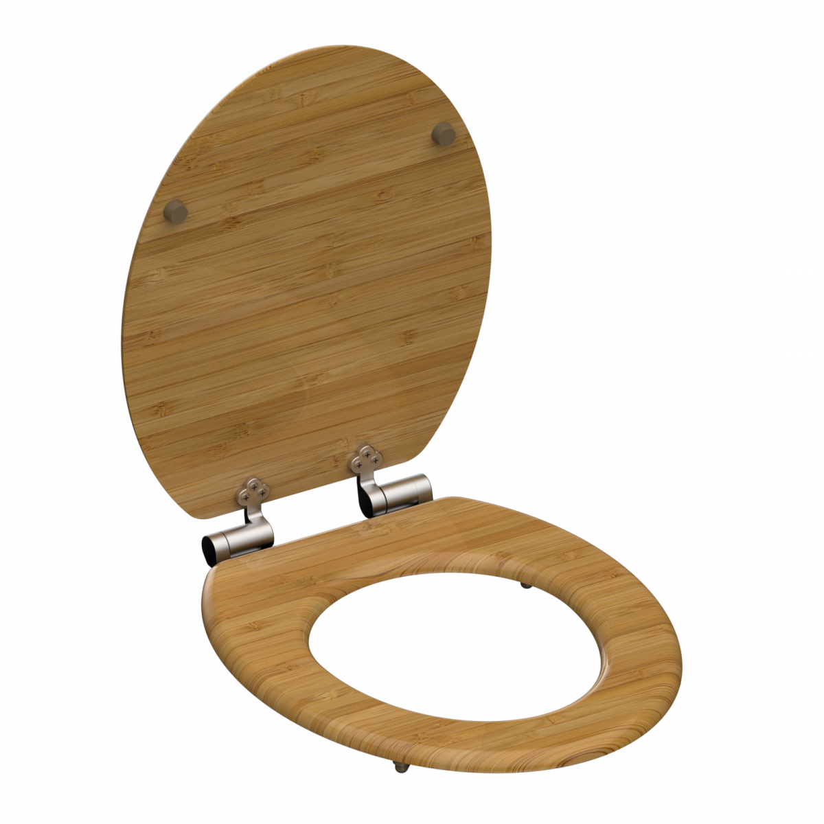 Offenstehender WC-Sitz aus hellem Holz mit silbernen Metallscharnieren.