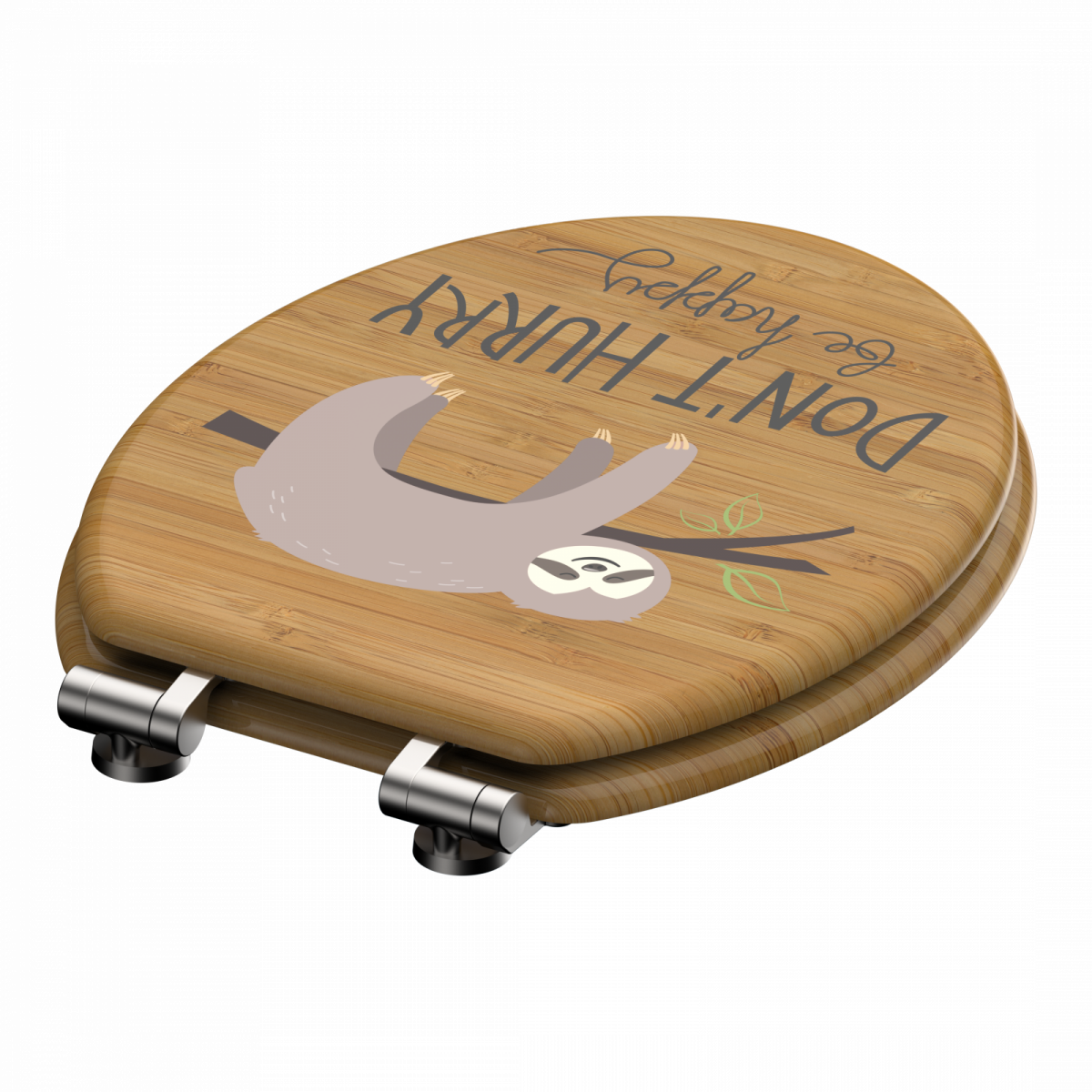 Toilettensitz aus Holz mit Faultiergrafik und englischem Schriftzug auf dem Deckel