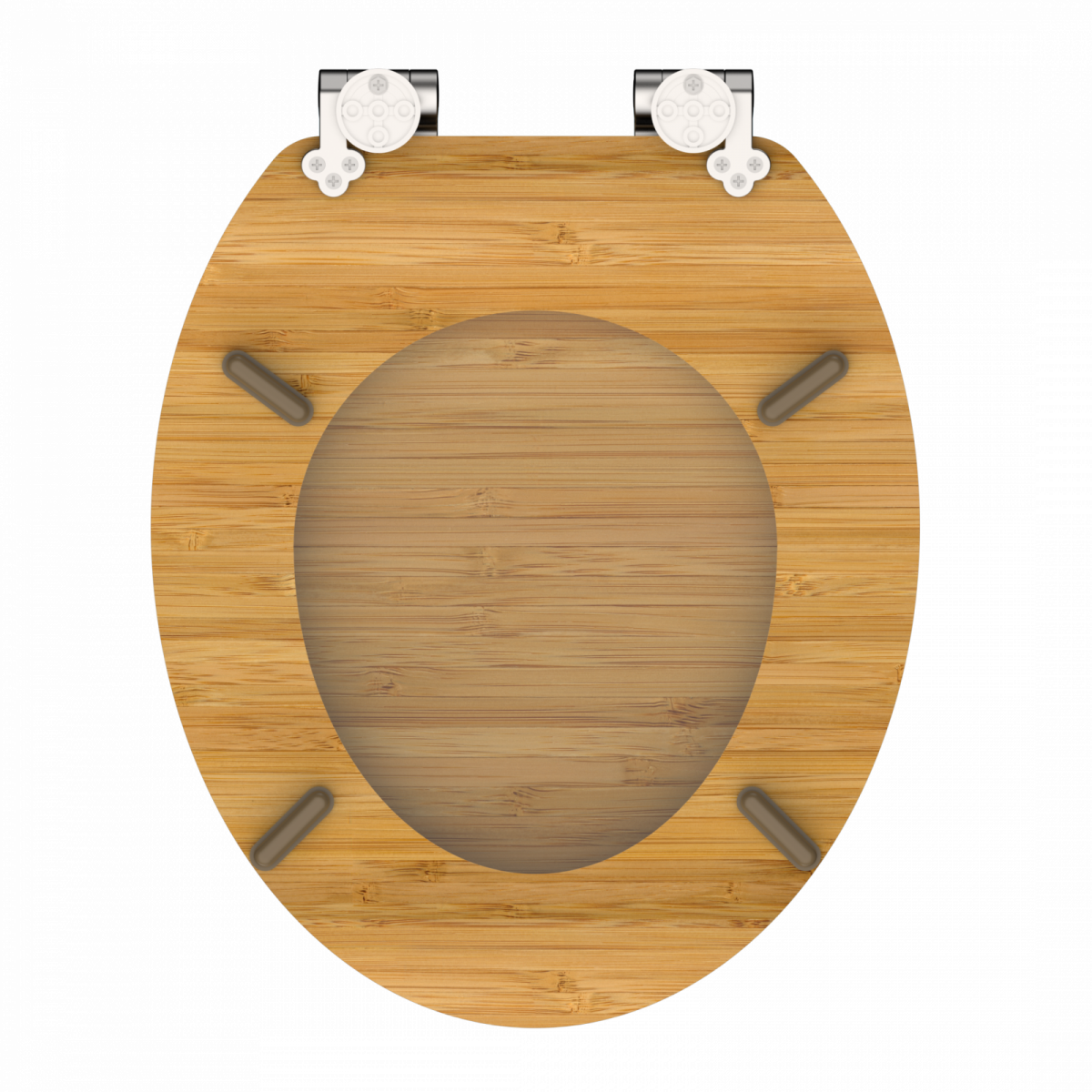 Ovaler WC-Sitz aus Holz mit silbernen Scharnieren und vier grauen Puffern.