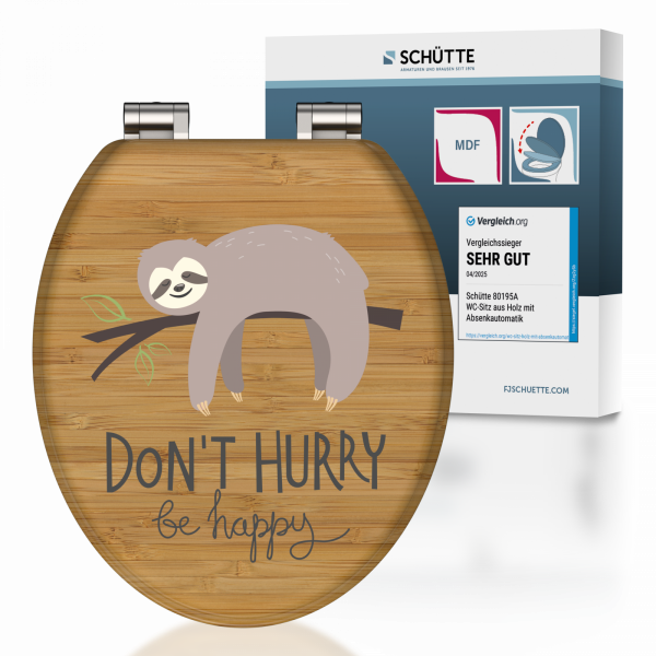 WC-Sitz aus Holz mit Faultiergrafik auf Ast und Text âDonât hurry be happyâ