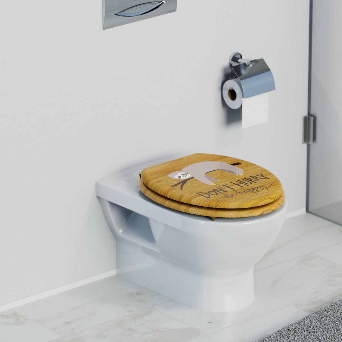 WeiÃe Wandtoilette mit Holzsitz und Faultiermotiv sowie Text auf dem Deckel.