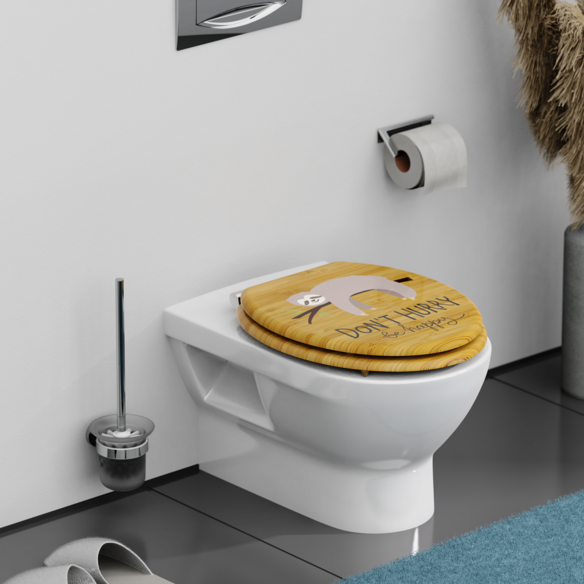 WeiÃe Wandtoilette mit WC-Sitz aus Holzoptik und Faultiermotiv sowie Textaufdruck.