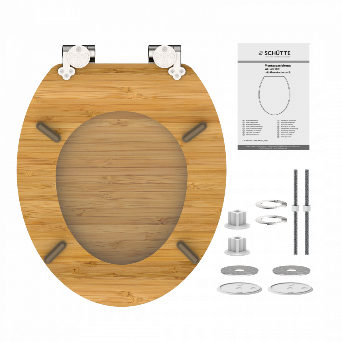 Toilettensitz aus Bambus mit Metallscharnieren, Montagematerial und Anleitung