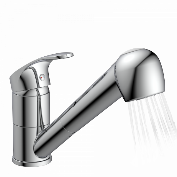Chromfarbene KÃỳchenarmatur mit Einhebelmischer und ausziehbarem Brausekopf, Wasserstrahl aktiv