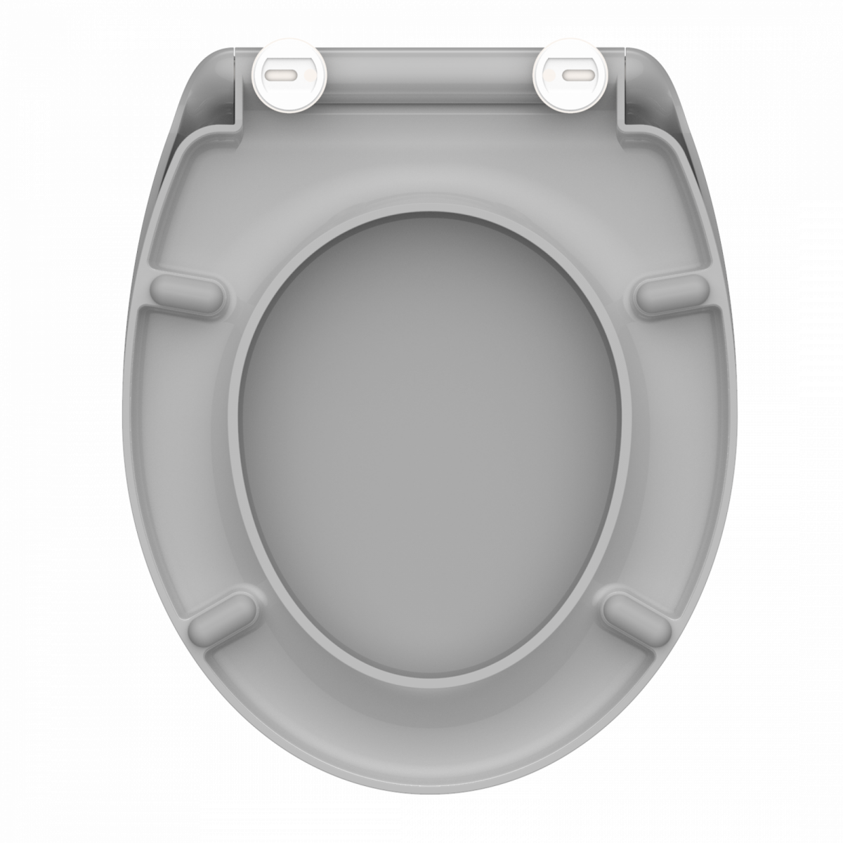 Grauer Toilettensitz aus Kunststoff mit weiÃen Metallscharnieren, von oben gesehen.
