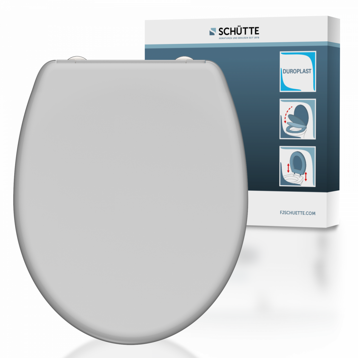 Grauer WC-Sitz mit abgerundeter Form vor Verpackung mit Produktabbildungen - SchÃỳtte.
