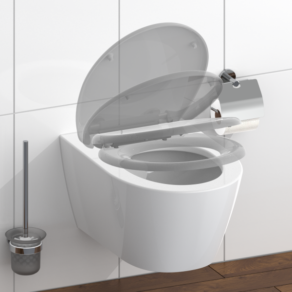 WandhÃĊngende weiÃe Toilette mit geÃ¶ffnetem Deckel, Toilettenpapierhalter und BÃỳrste.