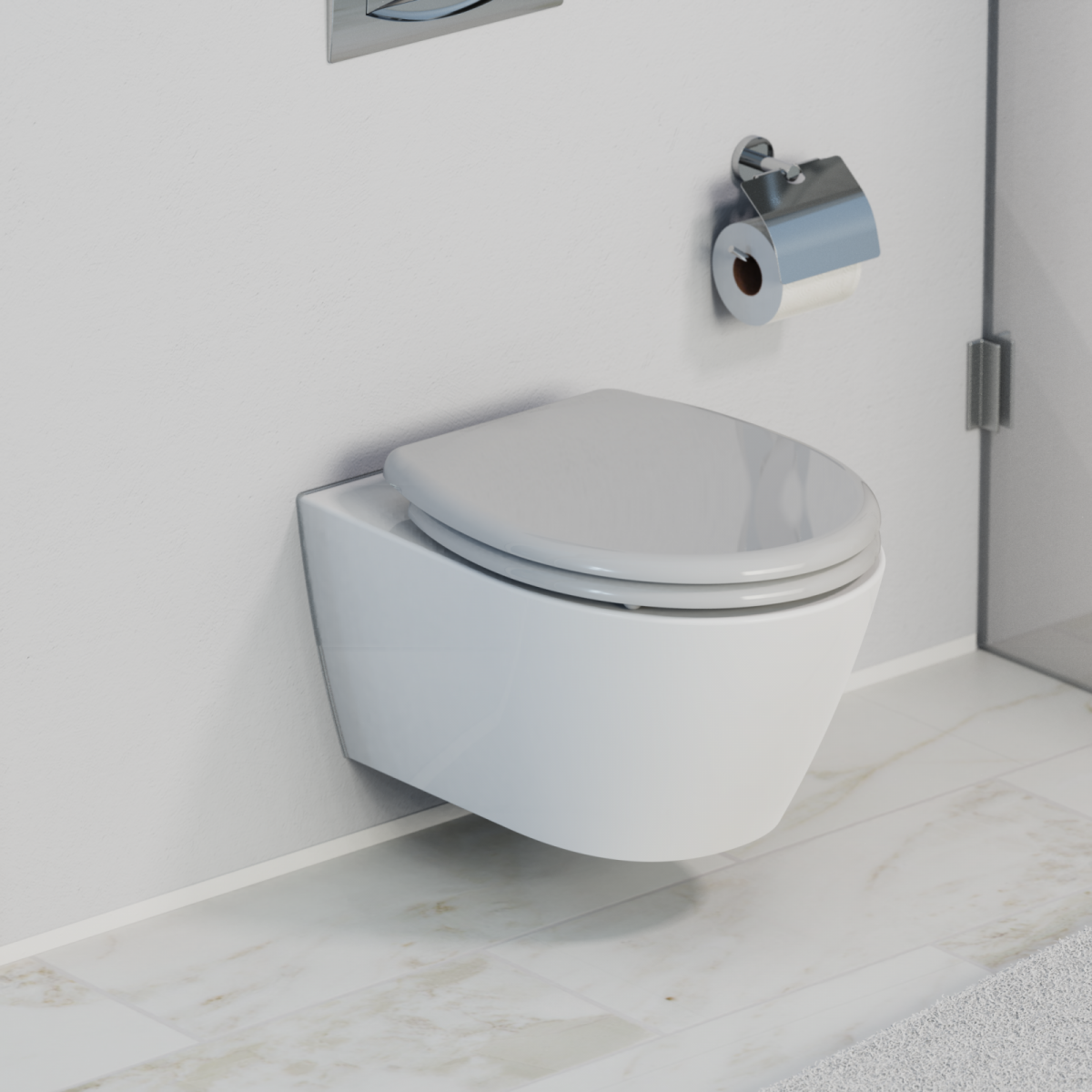 WandhÃĊngendes WC mit geschlossenem Deckel neben silbernem Toilettenpapierhalter.