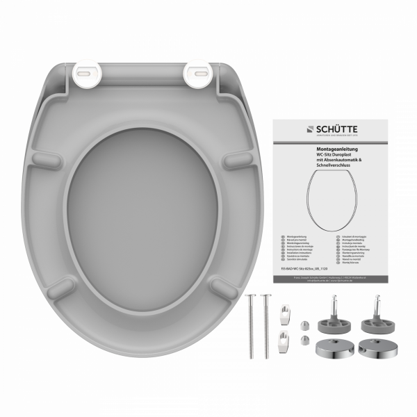 Grauer WC-Sitz mit Montageset, Befestigungsteilen und Montageanleitung.