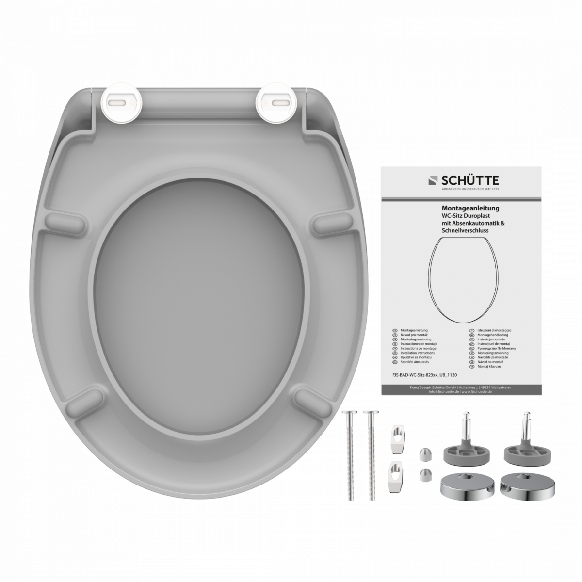 Grauer WC-Sitz mit Montageset, Befestigungsteilen und Montageanleitung.