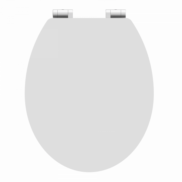 Weißer ovaler WC-Sitz mit silberfarbenen Metallscharnieren oben.