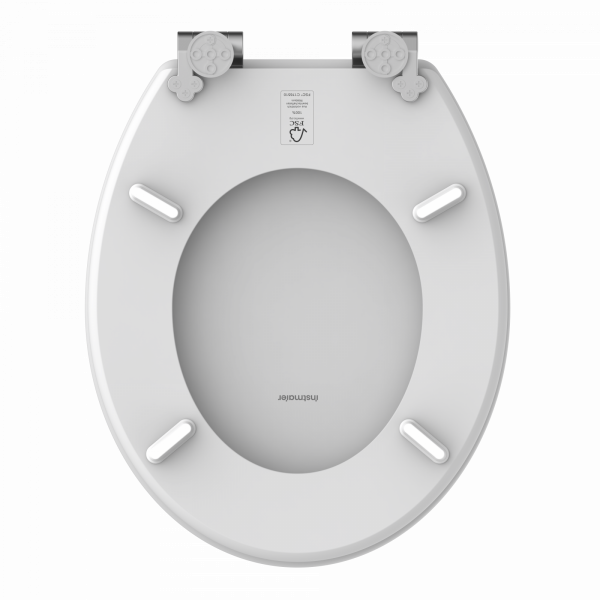 Weißer ovaler Toilettensitz mit vier Puffern und verstellbaren Metallscharnieren.