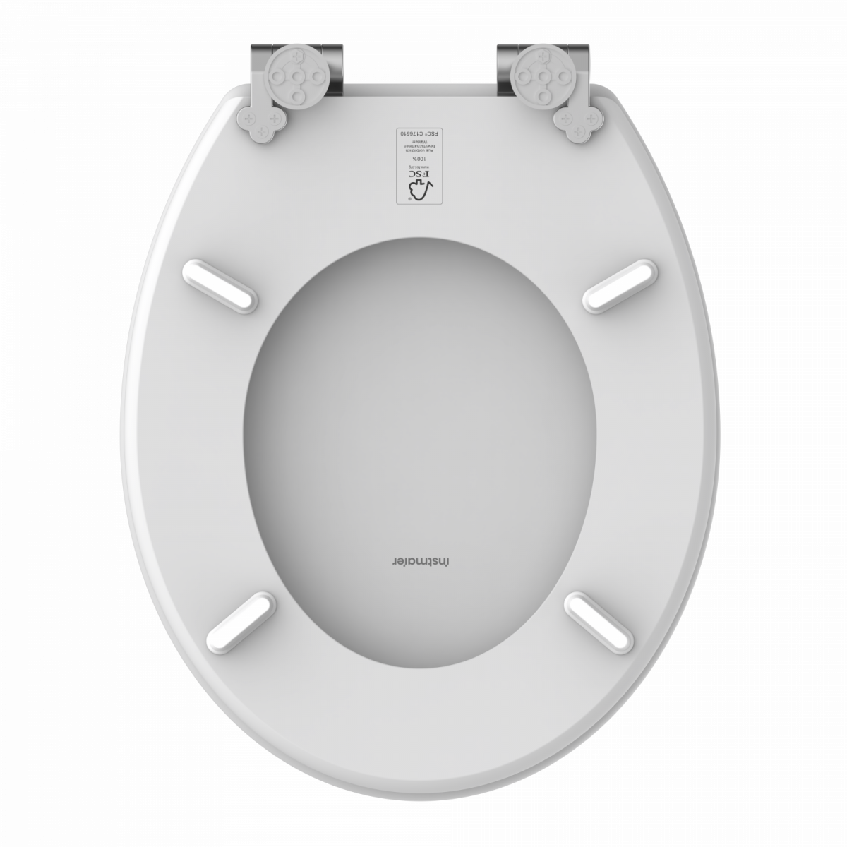 Weißer ovaler Toilettensitz mit vier Puffern und verstellbaren Metallscharnieren.