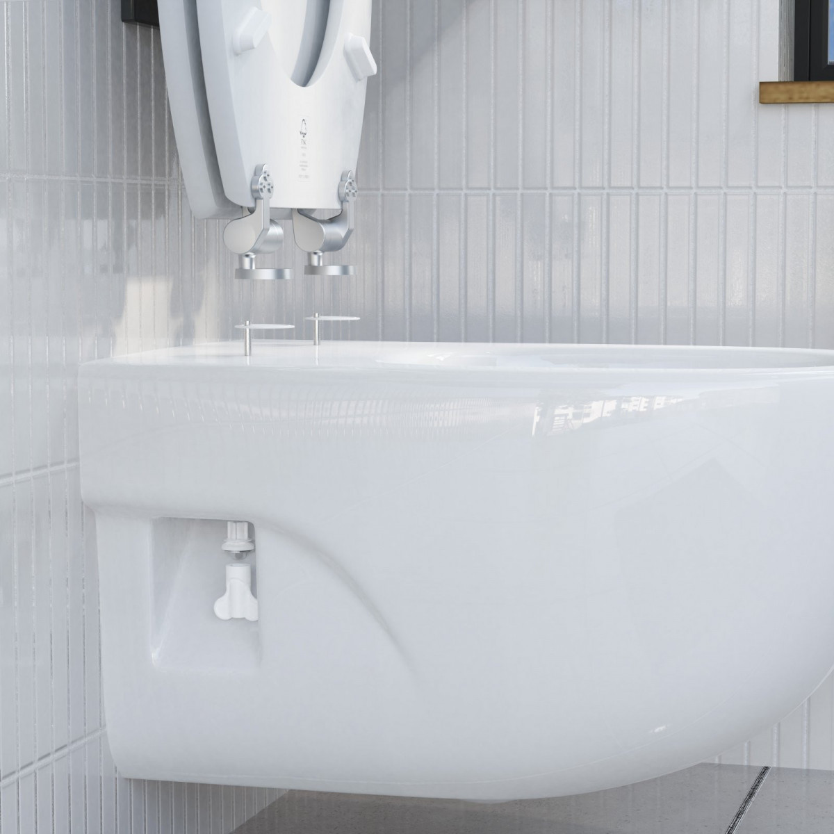 Nahaufnahme eines weißen WC-Sitzes welches an Wand-Bidet montiert wird