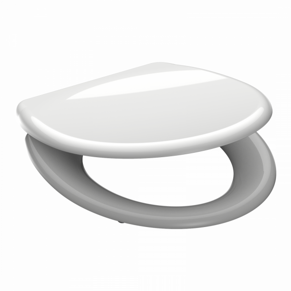 Geschlossener weißer WC-Sitz mit Deckel in ovaler Form auf weißem Hintergrund.