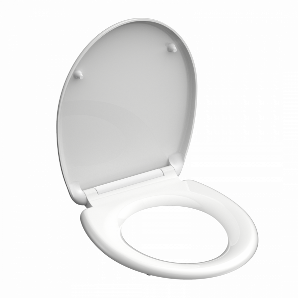 Weißer WC-Sitz mit offenem Deckel und runder Sitzfläche.