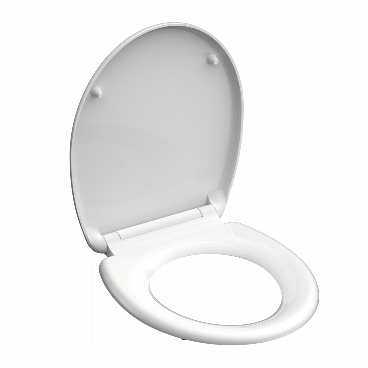 Weißer WC-Sitz mit offenem Deckel und runder Sitzfläche.