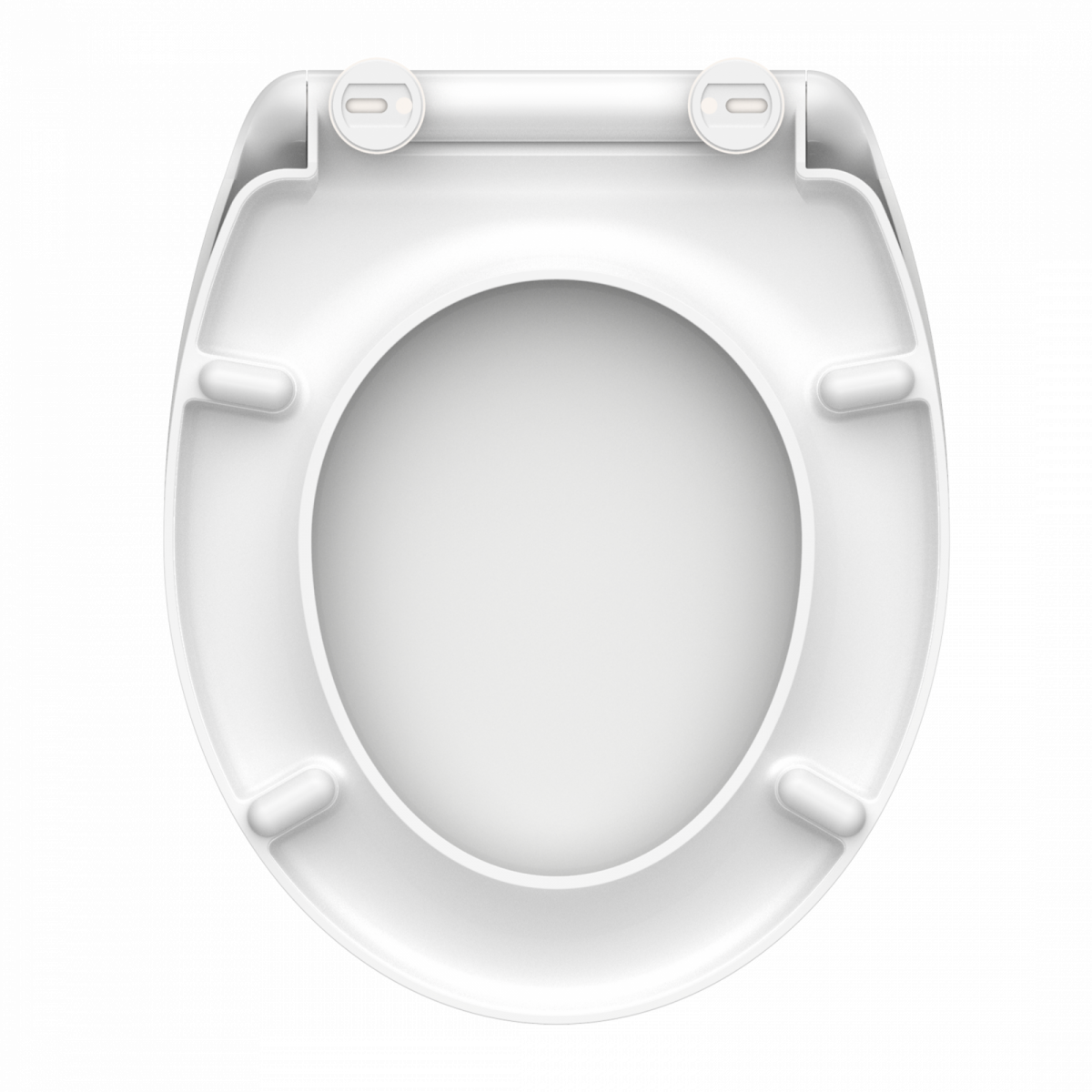 Weißer WC-Sitz aus Kunststoff in ovaler Form mit sichtbaren Scharnieren oben.