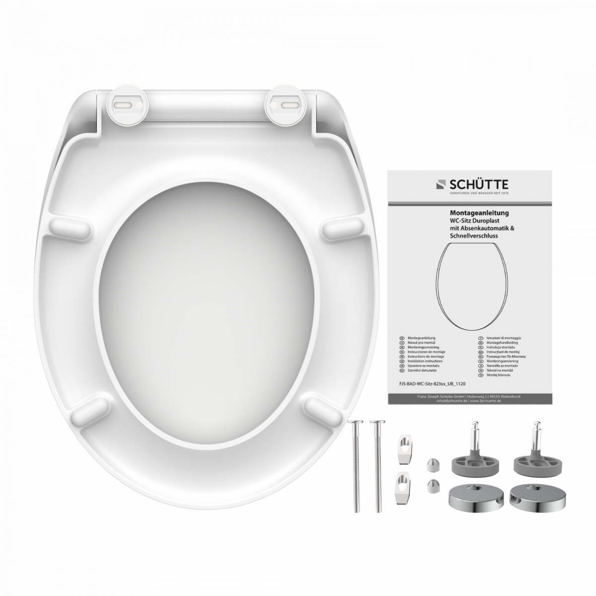 Weißer WC-Sitz mit Montagematerial und Anleitung in Einzelteilen angeordnet.