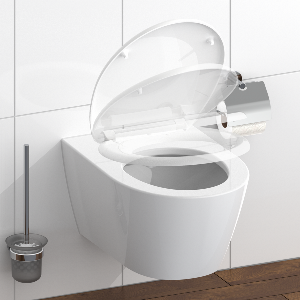 Wandhängendes weißes WC mit geöffnetem Deckel, Toilettenbürste und Toilettenpapierhalter.