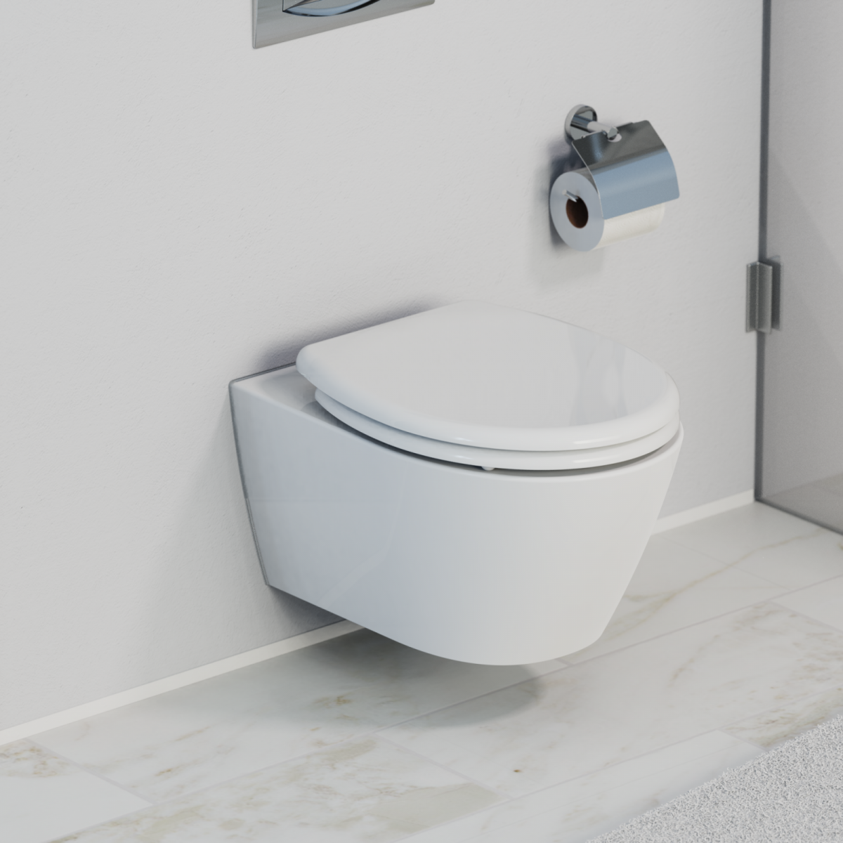 Wandhängendes WC mit geschlossenem Deckel und Toilettenpapierhalter an Fliesenwand.