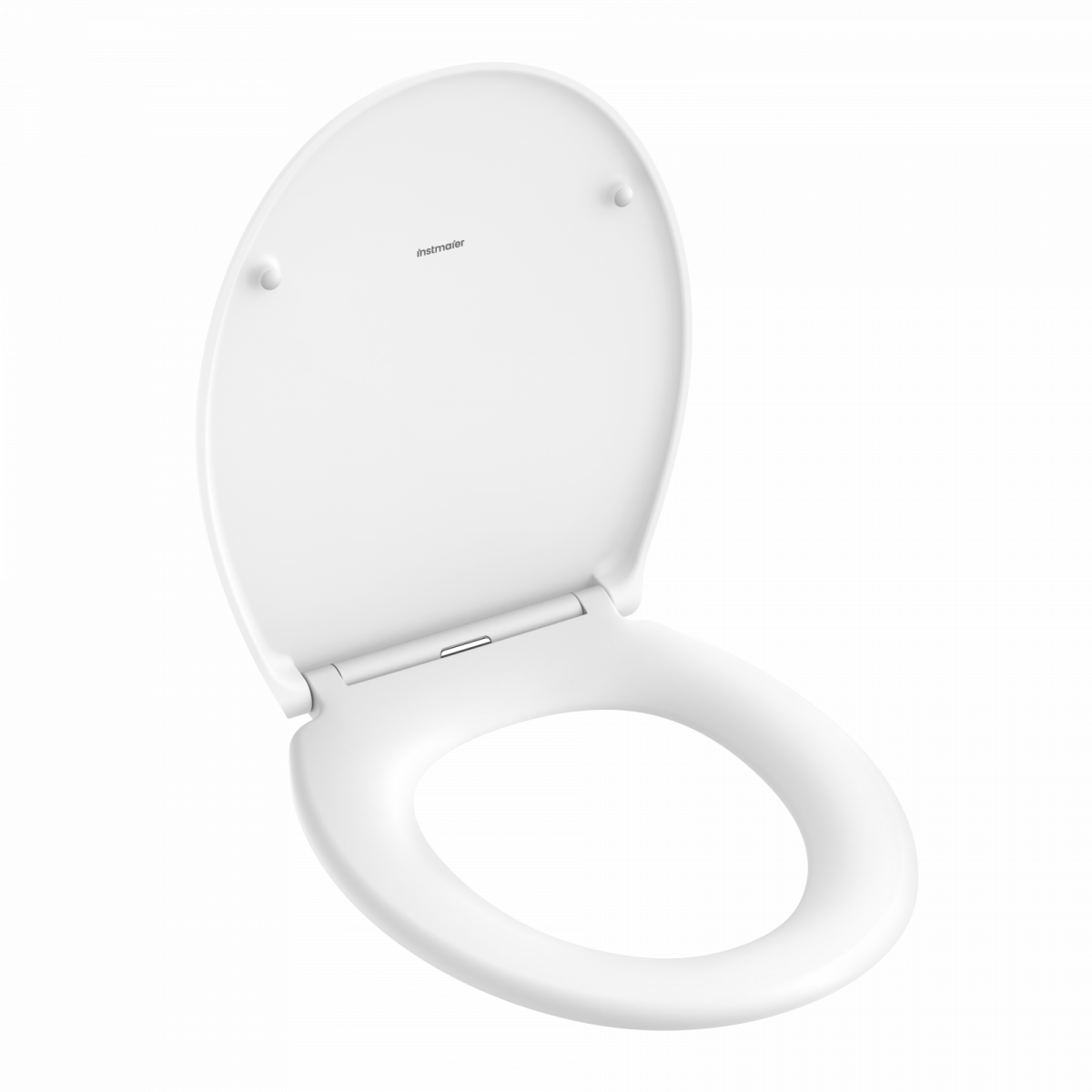 Weißer ovaler WC-Sitz mit geöffnetem Deckel und glatter Oberfläche.