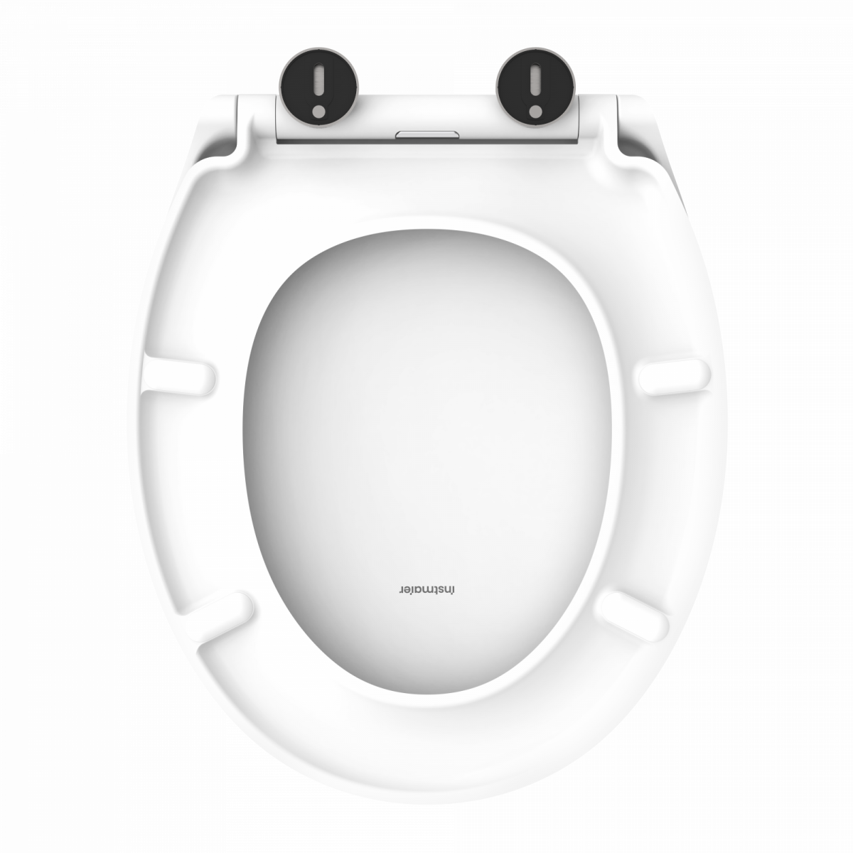 Weißer WC-Sitz mit ovaler Öffnung und zwei schwarzen Befestigungselementen oben.