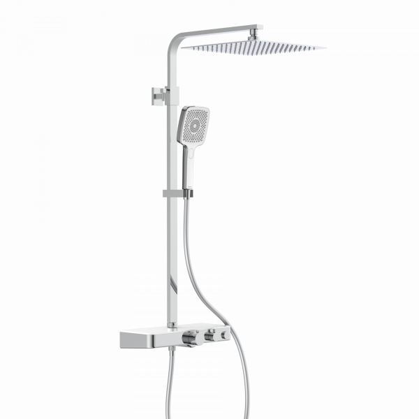 Duschsystem mit quadratischer Kopfbrause, Handbrause, Thermostat mit Ablage und verchromter Armatur.