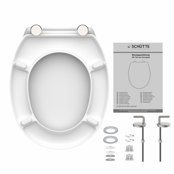 Weißer WC-Sitz mit Befestigungsset, Unterlegscheiben, Schrauben und Montageanleitung.