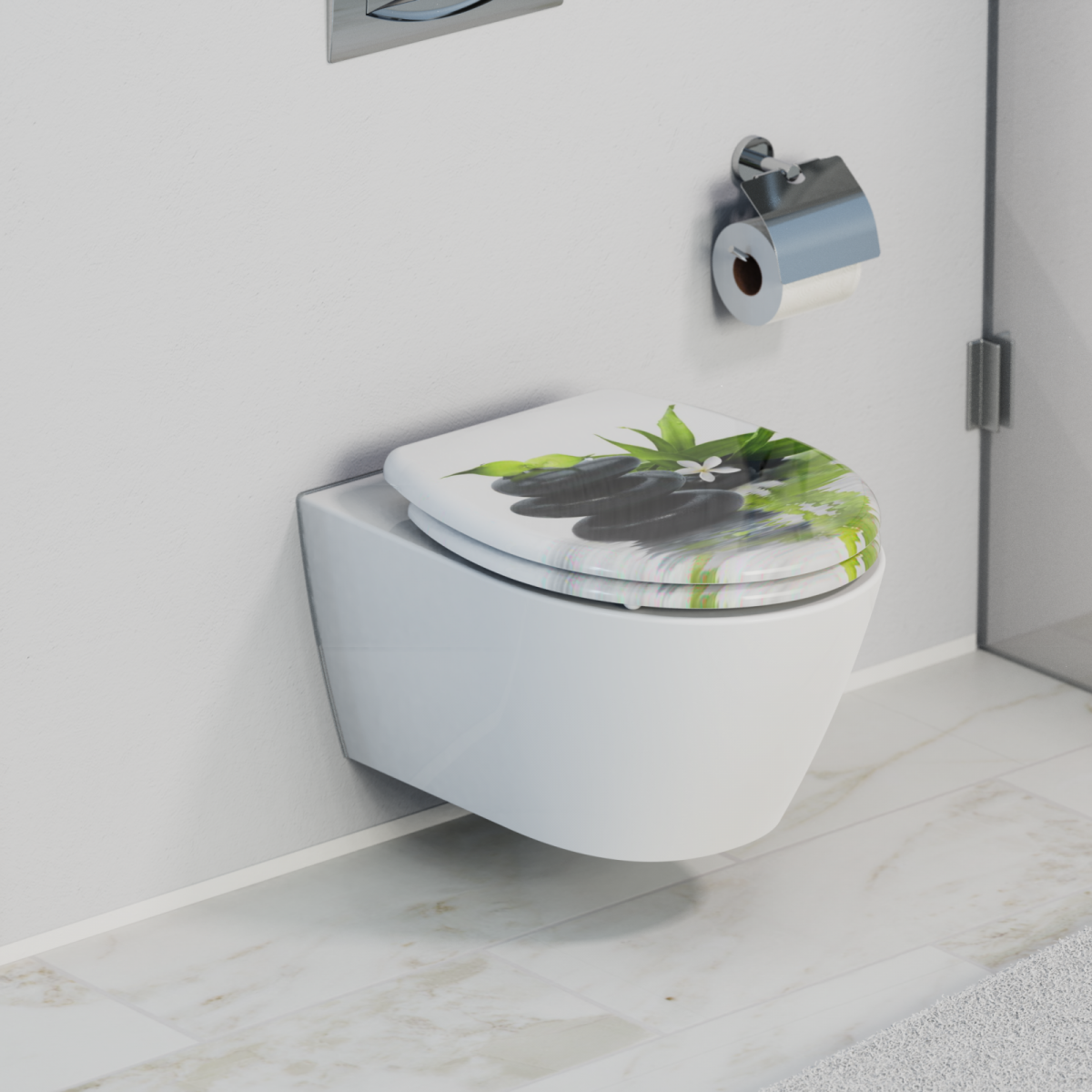 Wandhängendes weißes WC mit bedrucktem Toilettensitz in Stein- und Blättermotiv.