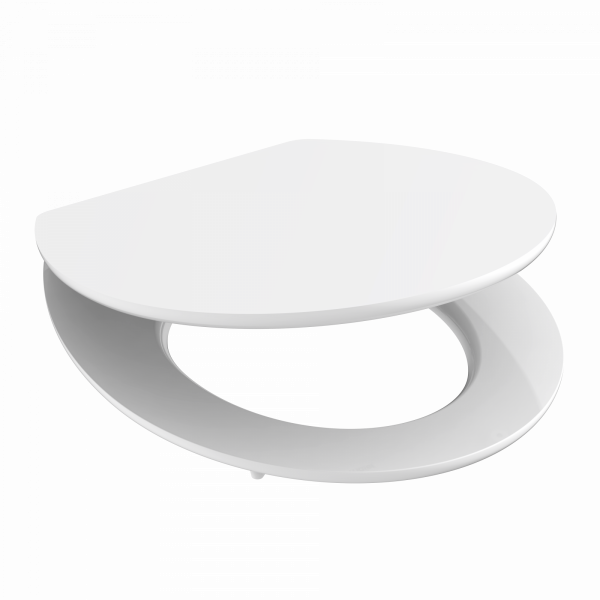 Weißer Toilettensitz mit abgerundeter, leicht dreieckiger Form und offenem Scharnierbereich.
